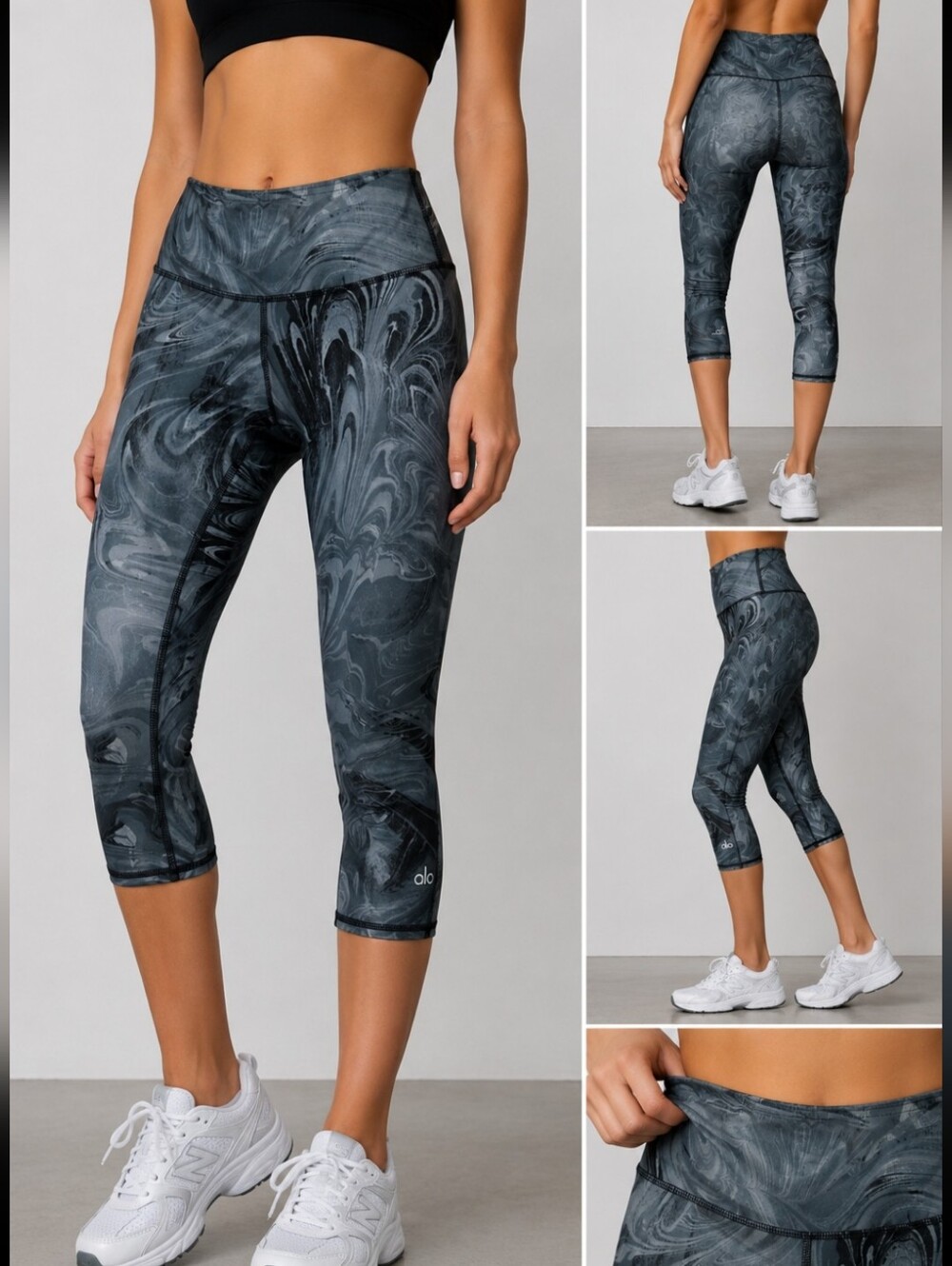 ALO Yoga Airbrush Marble Print Capri Leggings Small Gry/Blk High Rise Activewear